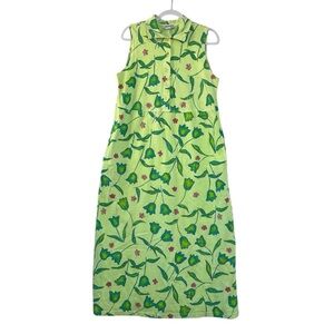 Vintage 90s Fresh Produce Floral Maxi Dress sz Large Green Tulip Print Sundress